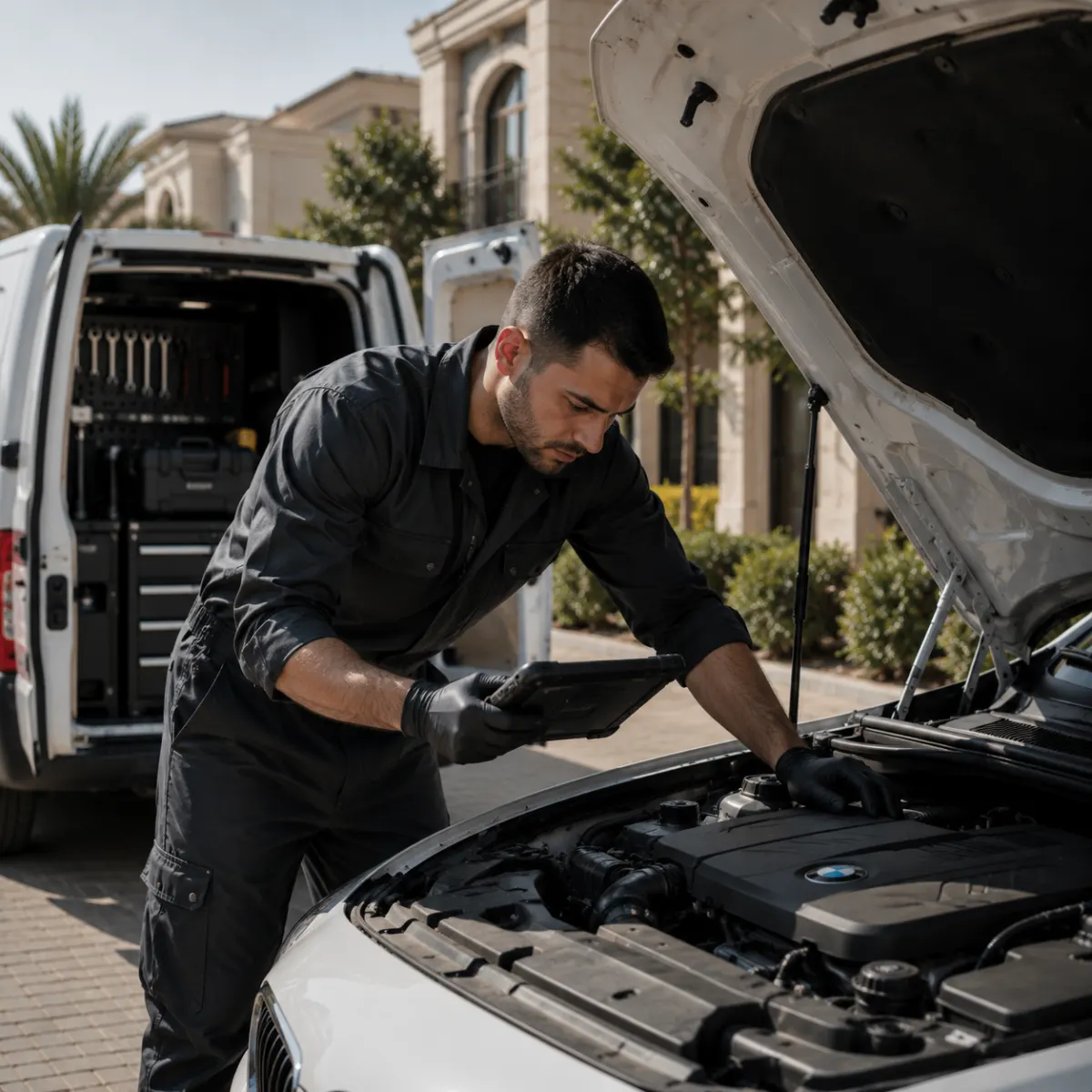Certified Fixera mechanic documenting an engine inspection on a tablet beside a white BMW with the hood open in a Cairo compound